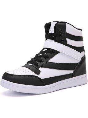 Women's High Top Sneakers with Hidden Wedge Heel Black White 2 Inch Height Shoes